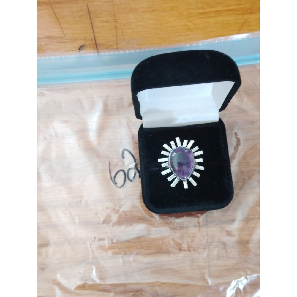 925 Sterling Silver Amethyst Sunburst Statement Ring Size 7 w/ Box purple Womens